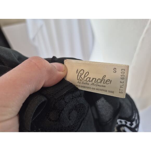 Vintage Blanche Black Nylon Lace Slit Night Gown Small Deep V Back Boudoir - Picture 8 of 9